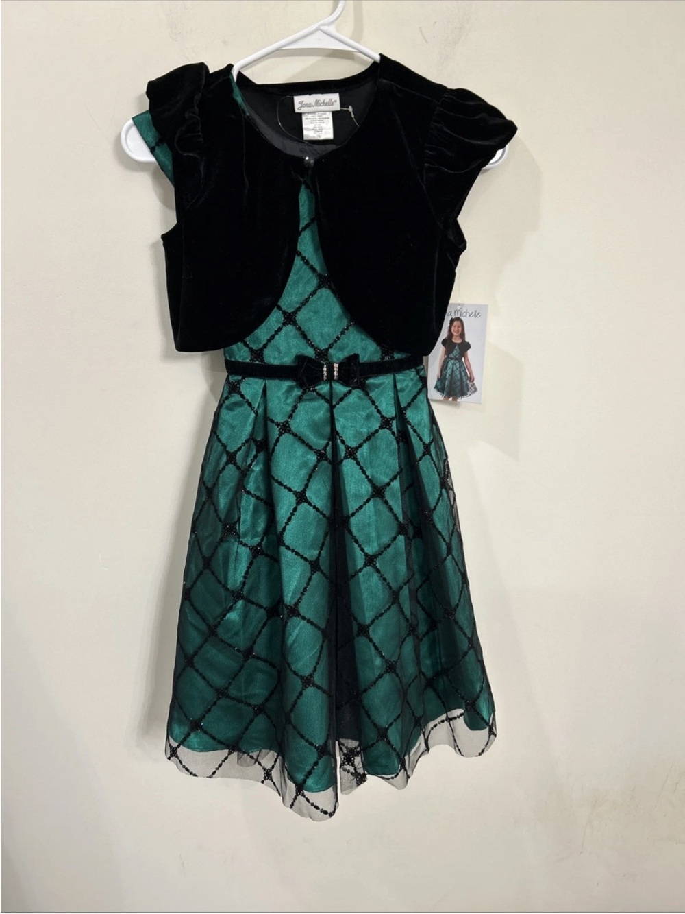 Jona Michelle Emerald Green and Black Velvet-Trim Girls Party Dress